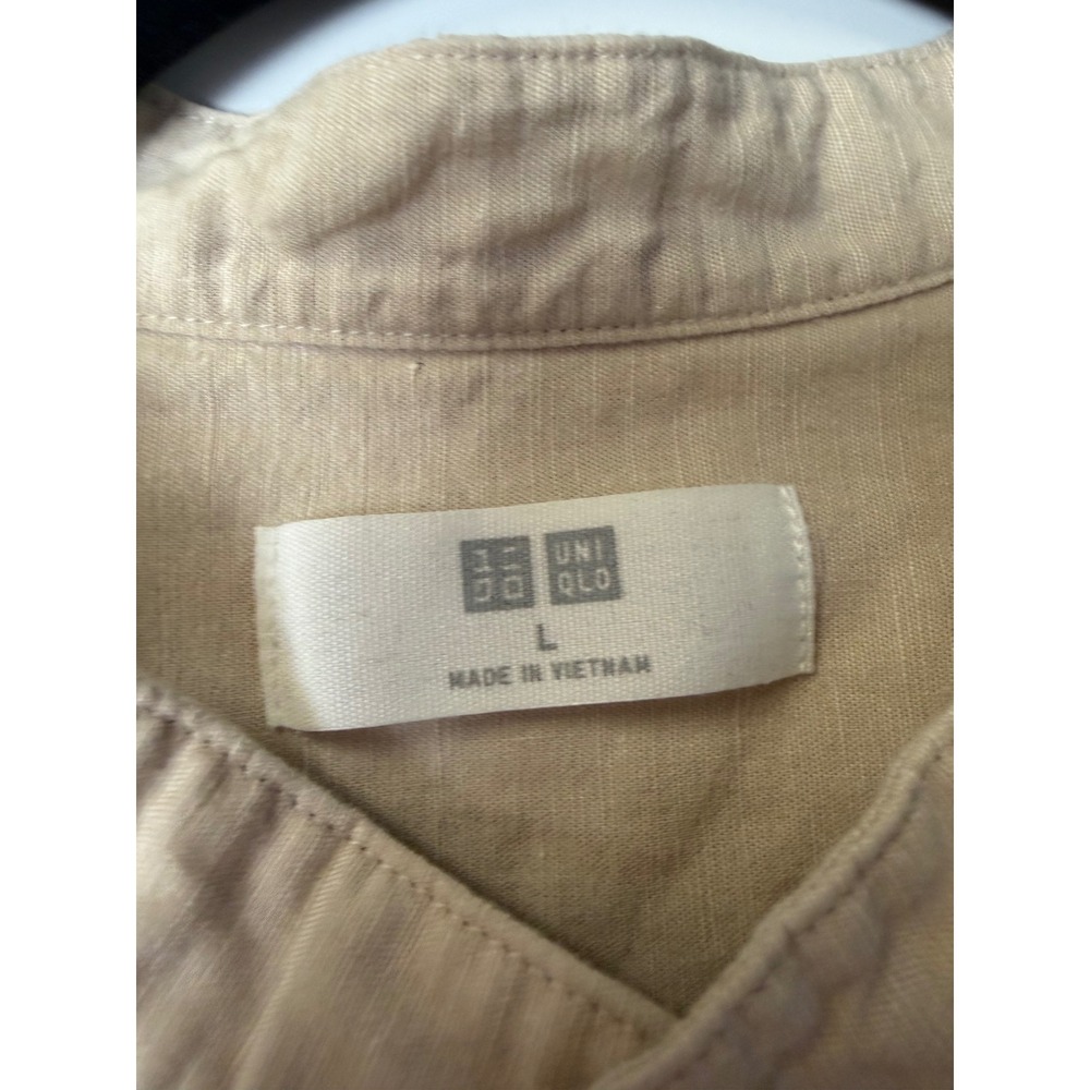 Uniqlo Mens Cotton Linen Band Collar Shirt Beige Tan casual Large - Picture 4 of 8